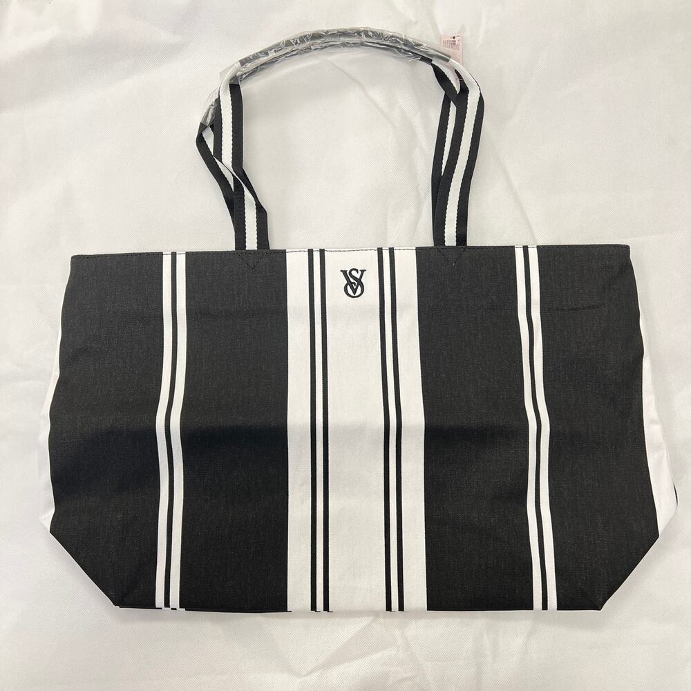 Victoria's Secret Black Cotton Large Weekender Tote Bag Travel White Stripe